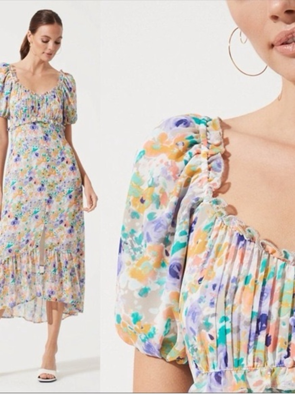 ASTR Pastel Floral Puff-Sleeve Midi Dress